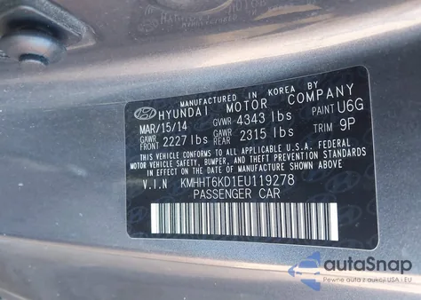 2014 Hyundai Genesis 2.0T Premium z USA, uszkodzony, nr VIN KMHHT6KD1EU119278